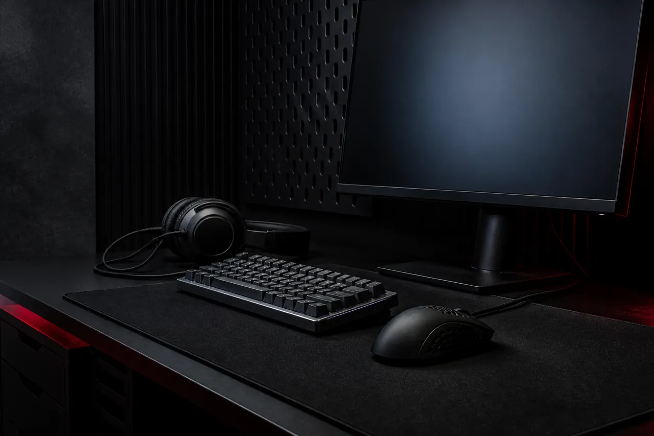 Dunkler Gaming-Schreibtisch mit Maus, kompakter Tastatur, Headset und Monitor